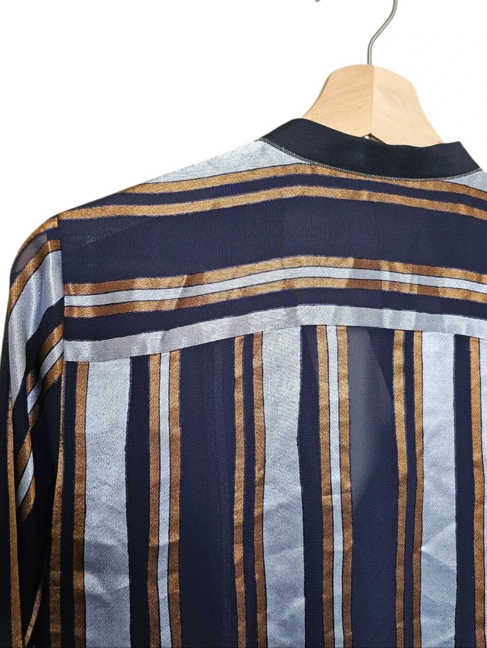 Lafayette 148 Striped Long Sleeve Button-Front Blouse in Navy, Silver & Gold - Picture 2 of 6